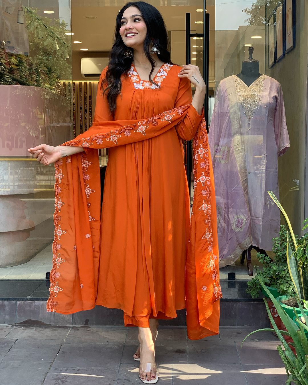 Lyush Women's V Neck Work Silk Chiffon Fabric Kurta Pant With Dupatta Set - Orange
