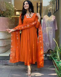 Thumbnail for Lyush Women's V Neck Work Silk Chiffon Fabric Kurta Pant With Dupatta Set - Orange