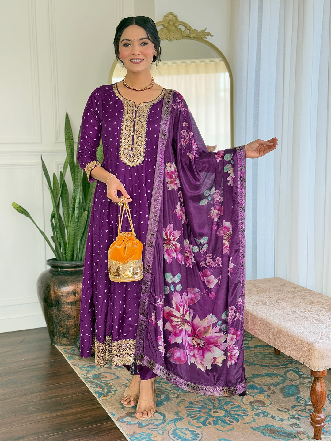 The52 Beautiful Embroidery Work with Vichitra Silk Fabric Flared Kurta, Pant and Dupatta Set