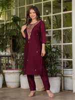 Thumbnail for The52 Women's Gorgeous Rayon Slub Embroidery Straight Kurta with Pant And Dupatta Set