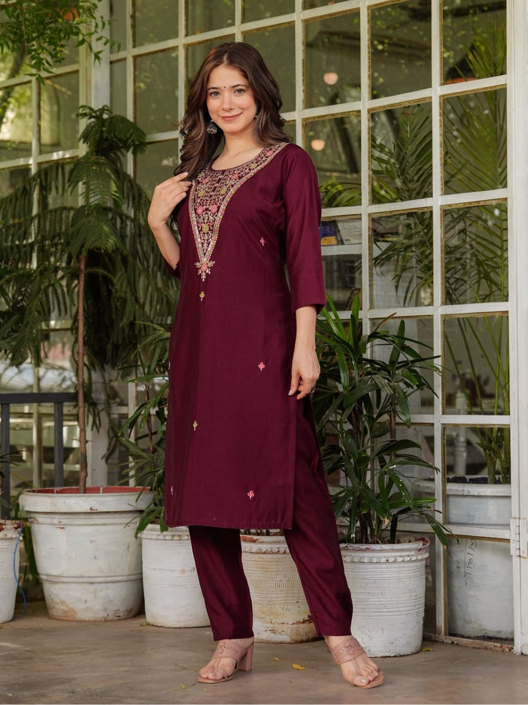 The52 Women's Gorgeous Rayon Slub Embroidery Straight Kurta with Pant And Dupatta Set