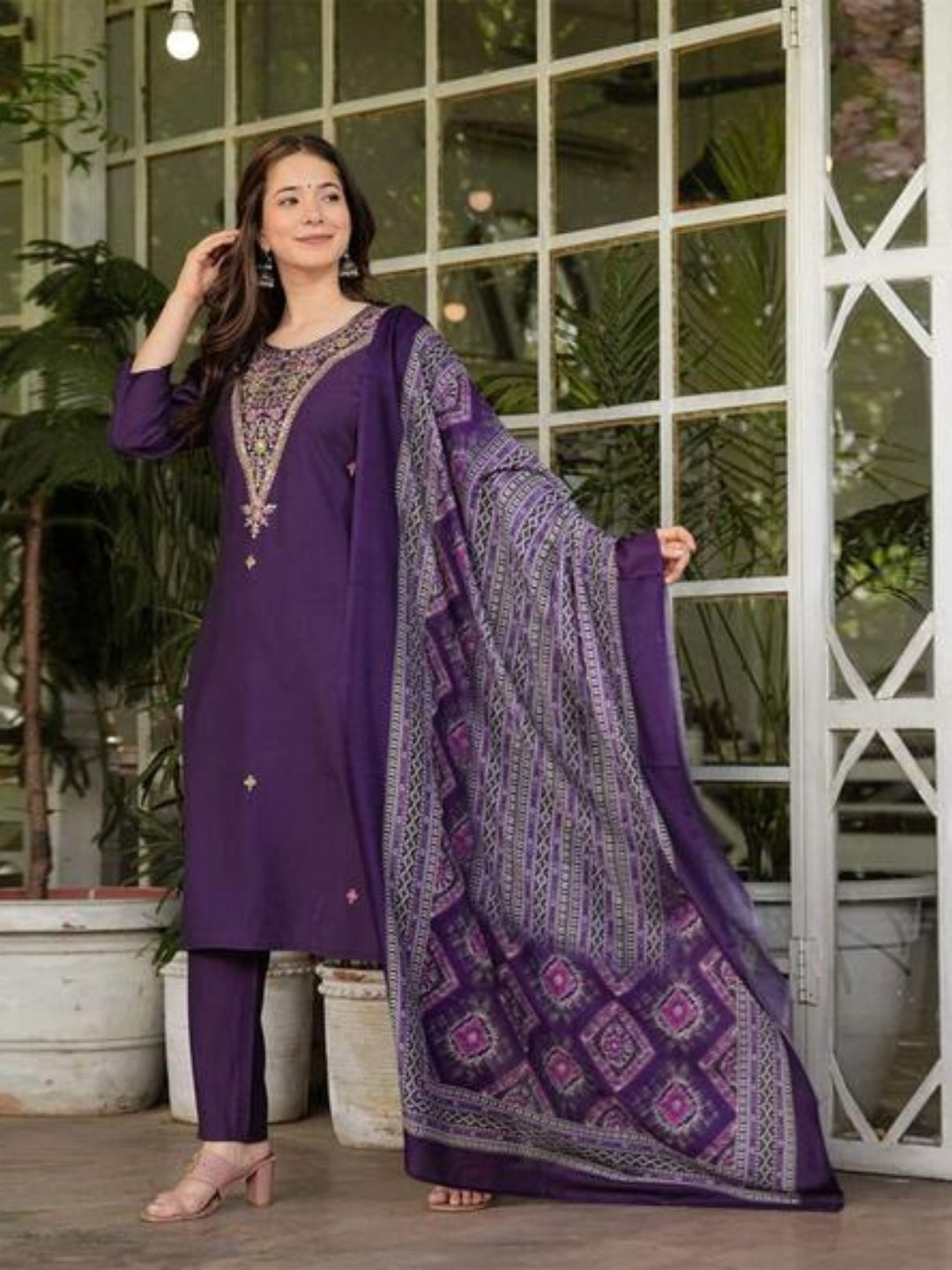 The52 Women's Gorgeous Rayon Slub Embroidery Straight Kurta with Pant And Dupatta Set