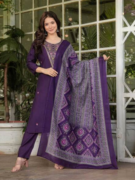 The52 Women's Gorgeous Rayon Slub Embroidery Straight Kurta with Pant And Dupatta Set