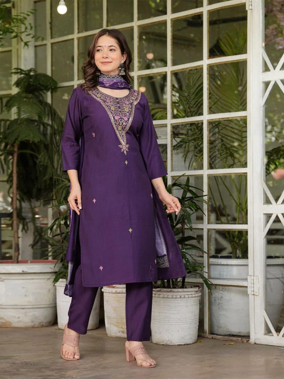 The52 Women's Gorgeous Rayon Slub Embroidery Straight Kurta with Pant And Dupatta Set