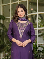 Thumbnail for The52 Women's Gorgeous Rayon Slub Embroidery Straight Kurta with Pant And Dupatta Set