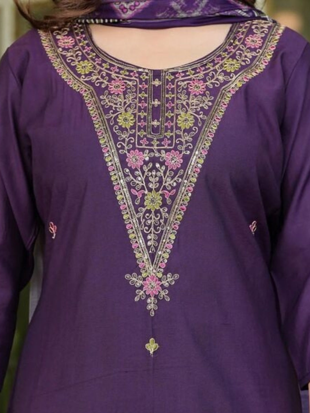 The52 Women's Gorgeous Rayon Slub Embroidery Straight Kurta with Pant And Dupatta Set