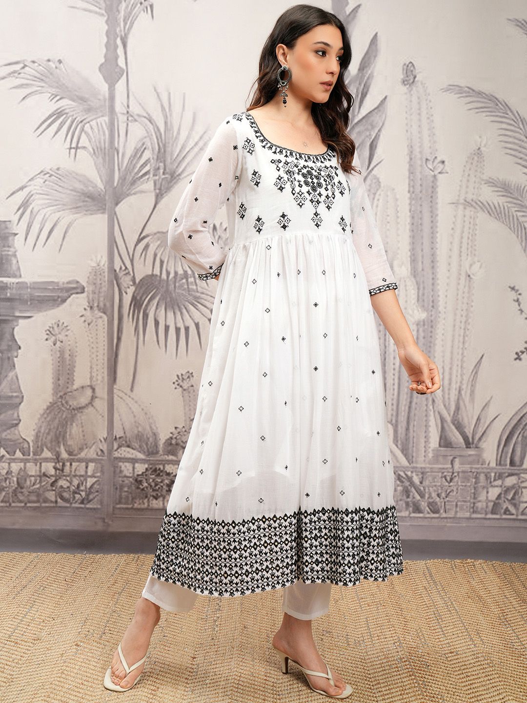 Vishudh White & Black Embroidered Pure Cotton Anarkali Kurta with Trousers & Dupatta - Distacart