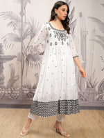 Thumbnail for Vishudh White & Black Embroidered Pure Cotton Anarkali Kurta with Trousers & Dupatta - Distacart