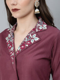 Thumbnail for Aks Notched Lapel Collar Thread Work A-Line Kurta - Distacart