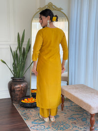 Thumbnail for Lyush Women's V Neck Embroidered Work Viscose Chanderi Fabric Kurta & Pant With Dupatta Set - Yellow