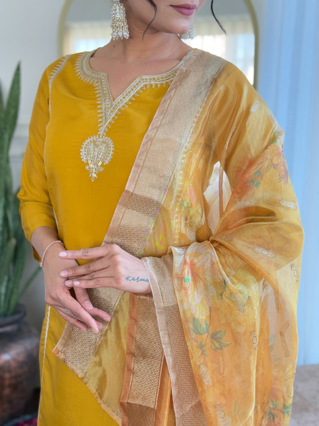 Lyush Women's V Neck Embroidered Work Viscose Chanderi Fabric Kurta & Pant With Dupatta Set - Yellow