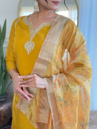 Thumbnail for Lyush Women's V Neck Embroidered Work Viscose Chanderi Fabric Kurta & Pant With Dupatta Set - Yellow