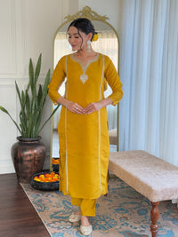 Thumbnail for Lyush Women's V Neck Embroidered Work Viscose Chanderi Fabric Kurta & Pant With Dupatta Set - Yellow