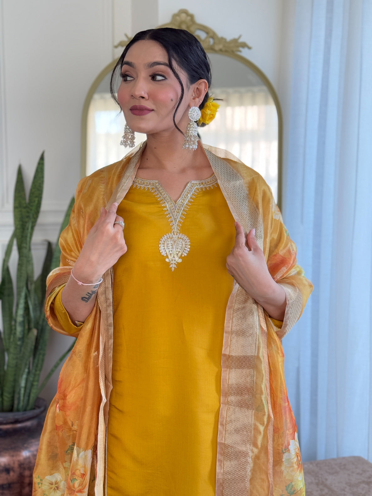Lyush Women's V Neck Embroidered Work Viscose Chanderi Fabric Kurta & Pant With Dupatta Set - Yellow