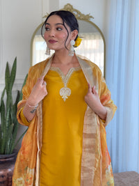 Thumbnail for Lyush Women's V Neck Embroidered Work Viscose Chanderi Fabric Kurta & Pant With Dupatta Set - Yellow
