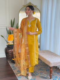 Thumbnail for Lyush Women's V Neck Embroidered Work Viscose Chanderi Fabric Kurta & Pant With Dupatta Set - Yellow