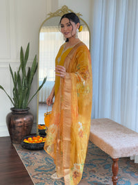 Thumbnail for Lyush Women's V Neck Embroidered Work Viscose Chanderi Fabric Kurta & Pant With Dupatta Set - Yellow
