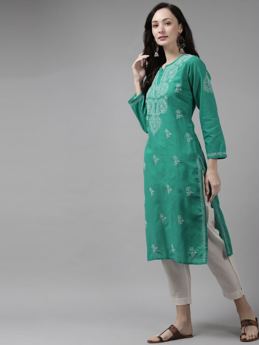 ADA Women Green & White Ethnic Motifs Hand Embroidered Chikankari Handloom Kurta - Distacart
