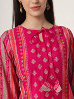 Thumbnail for Yufta Pink Silk Tie Up Kurta Set With Pant & Dupatta - Distacart