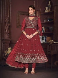 Thumbnail for Jyoti Fashion Women's Maroon Georgette Embroidered Anarkali Kurta Pant Set With Dupatta