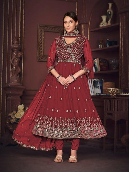 Jyoti Fashion Women's Maroon Georgette Embroidered Anarkali Kurta Pant Set With Dupatta