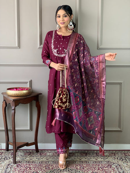Lyush Women's Round Neck Work Viscose Chanderi Fabric Kurta Pant With Dupatta Set - Wine