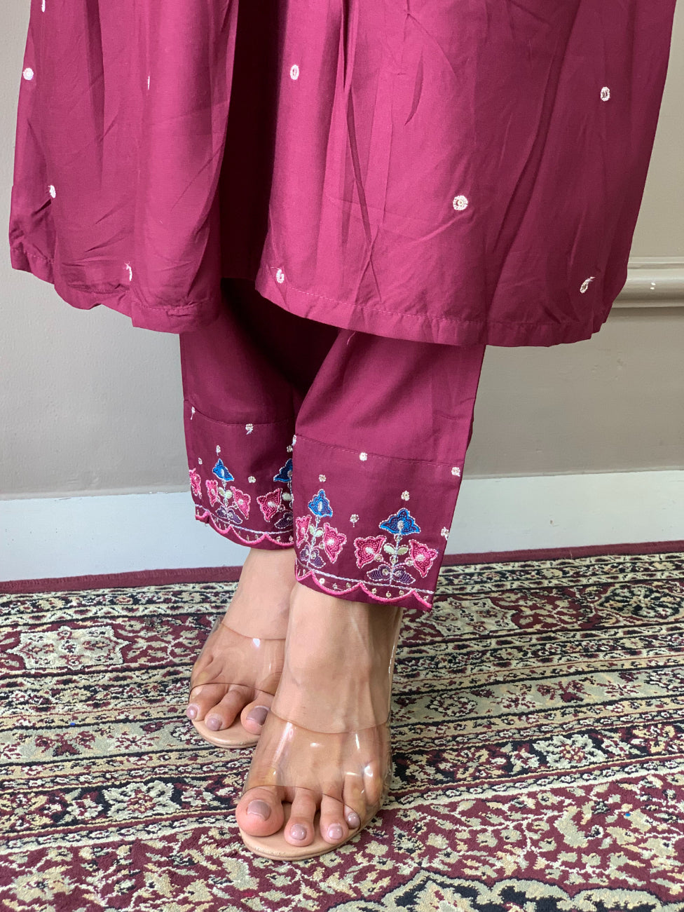 Lyush Women's Round Neck Work Viscose Chanderi Fabric Kurta Pant With Dupatta Set - Wine