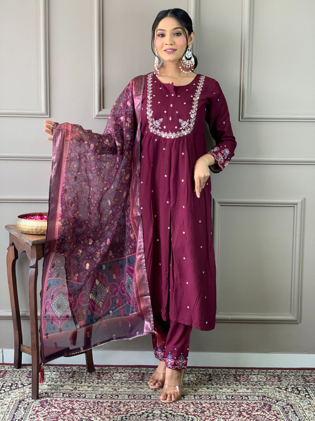 Lyush Women's Round Neck Work Viscose Chanderi Fabric Kurta Pant With Dupatta Set - Wine