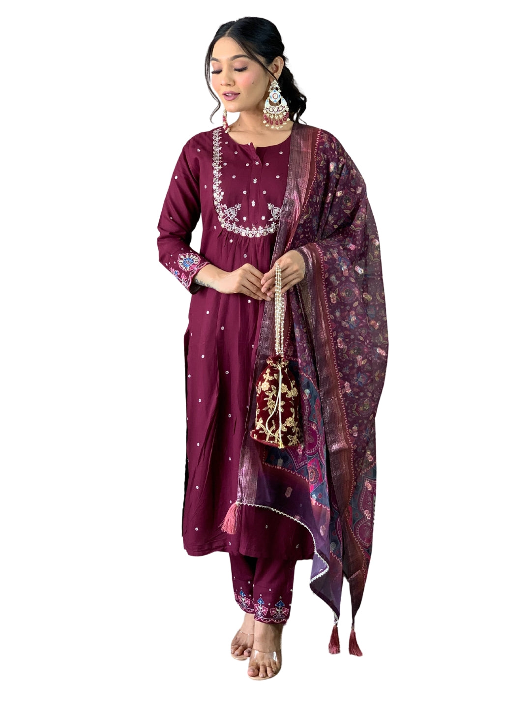 Lyush Women's Round Neck Work Viscose Chanderi Fabric Kurta Pant With Dupatta Set - Wine