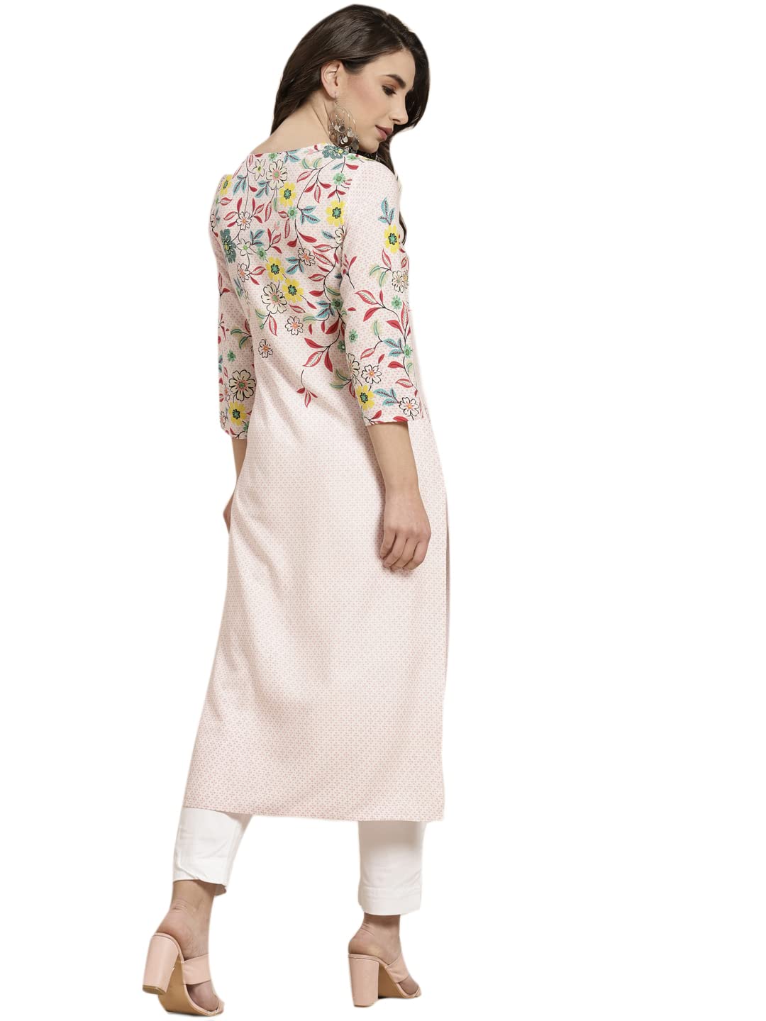 Juniper Women's Pink Floral Printed Rayon Kurta With Sequins & Beads Work - Distacart