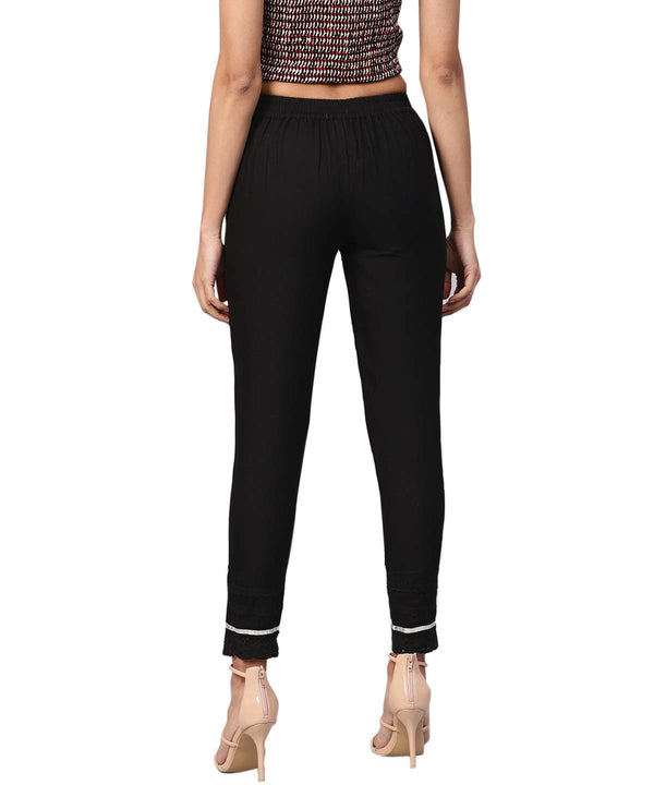 Juniper Women's Black Solid Cotton Flex Straight Fit Pants With Lace & Gota Work - Distacart