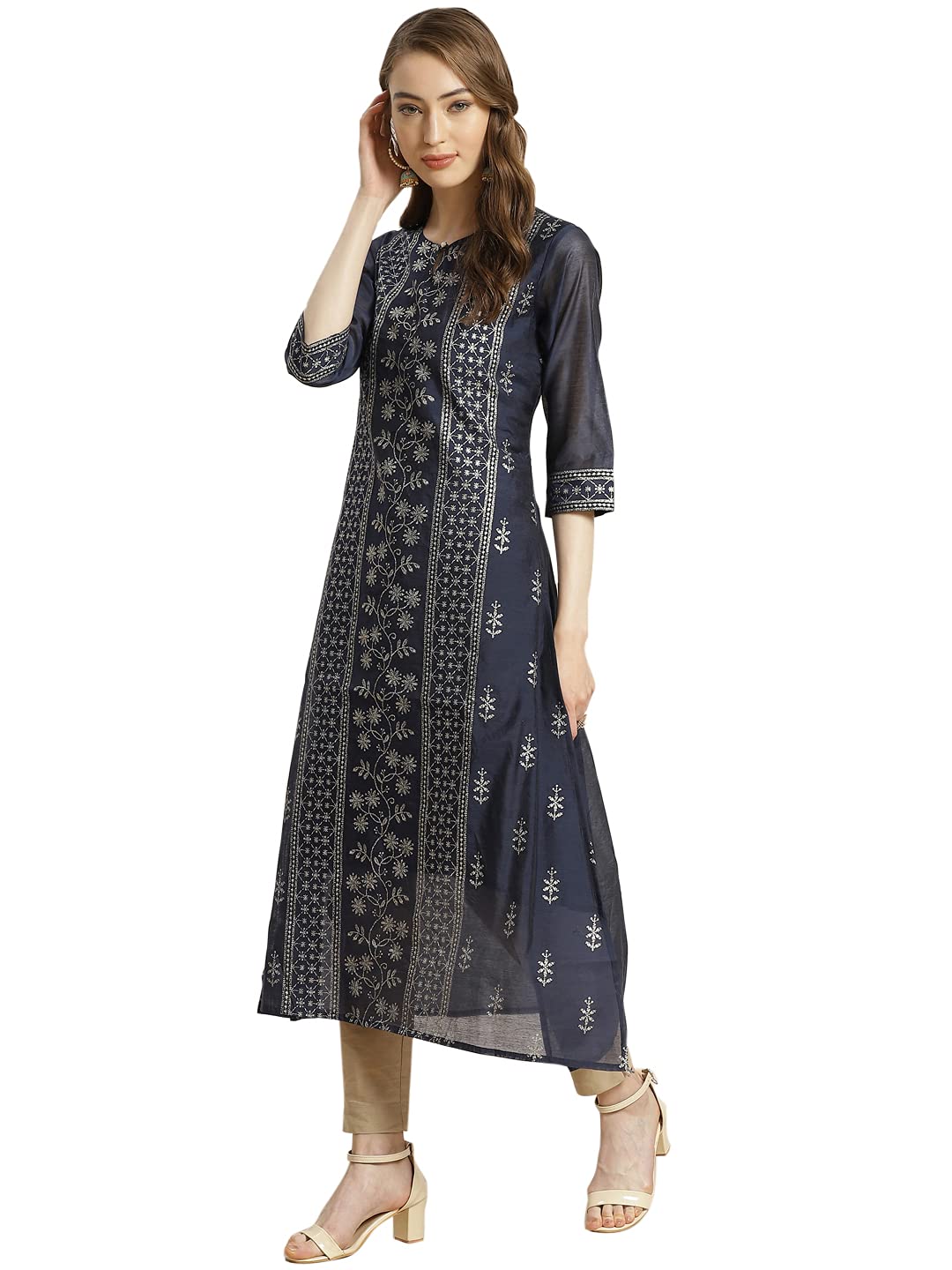 Juniper Women's Indigo Floral Printed Chanderi A-Line Kurta - Distacart