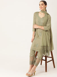 Thumbnail for Anouk Women Olive Green Ethnic Motifs Yoke Design Kurta with Palazzos & With Dupatta - Distacart