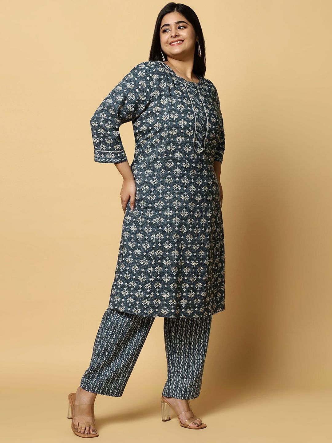 Sztori Plus Size Floral Printed Pure Cotton Straight Kurta With Trouser - Distacart