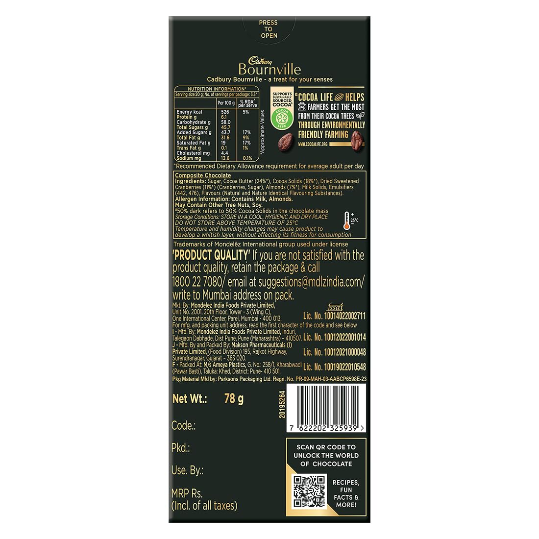 Cadbury Bournville Cranberry Dark Chocolate Bar - Distacart