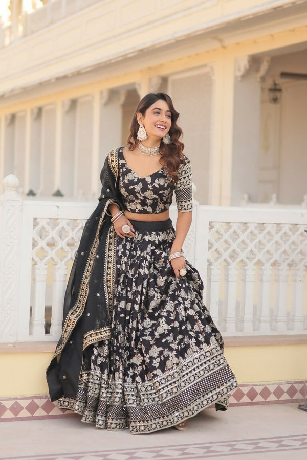 Vastranavya Designer Dyeable Pure Viscose Jacquard Fabric Lehenga Choli & Dupatta Set - Black - Distacart