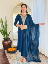 Thumbnail for Lyush Women's V Neck Sequence Embroidered Work Rayon Fabric Kurta Pant Set Comes With Dupatta - Dark Blue