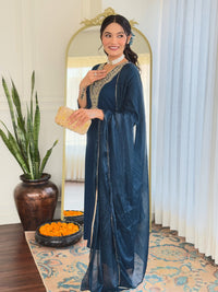 Thumbnail for Lyush Women's V Neck Sequence Embroidered Work Rayon Fabric Kurta Pant Set Comes With Dupatta - Dark Blue