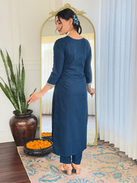 Thumbnail for Lyush Women's V Neck Sequence Embroidered Work Rayon Fabric Kurta Pant Set Comes With Dupatta - Dark Blue