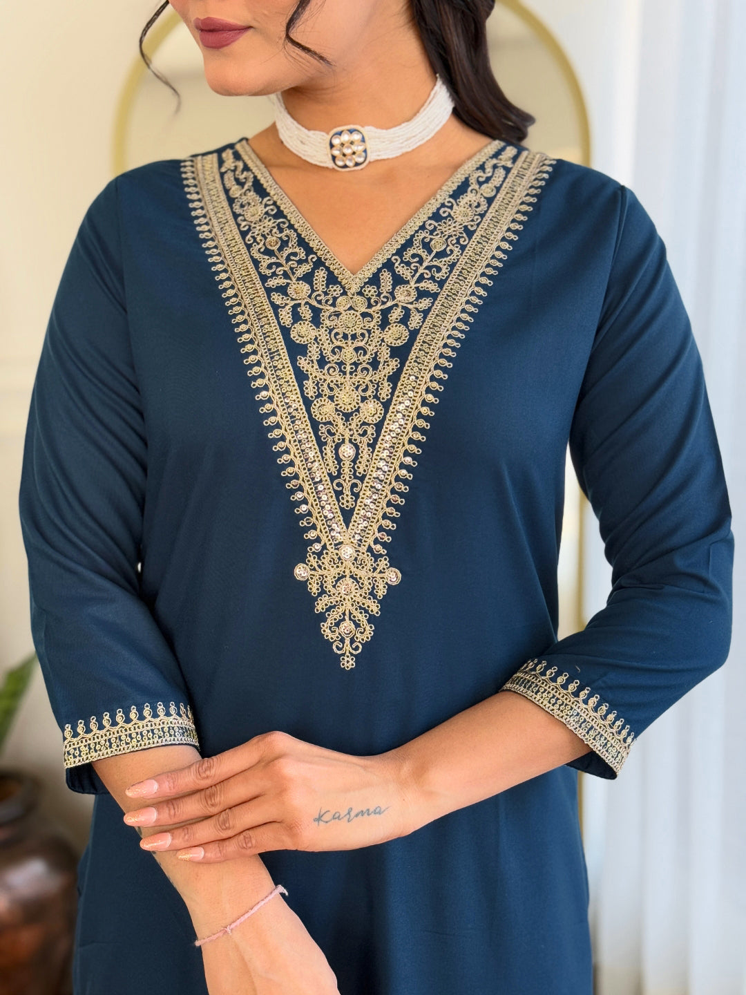 Lyush Women's V Neck Sequence Embroidered Work Rayon Fabric Kurta Pant Set Comes With Dupatta - Dark Blue
