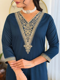 Thumbnail for Lyush Women's V Neck Sequence Embroidered Work Rayon Fabric Kurta Pant Set Comes With Dupatta - Dark Blue