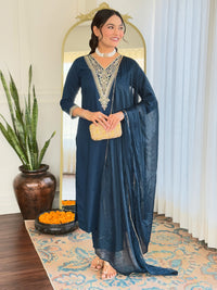 Thumbnail for Lyush Women's V Neck Sequence Embroidered Work Rayon Fabric Kurta Pant Set Comes With Dupatta - Dark Blue