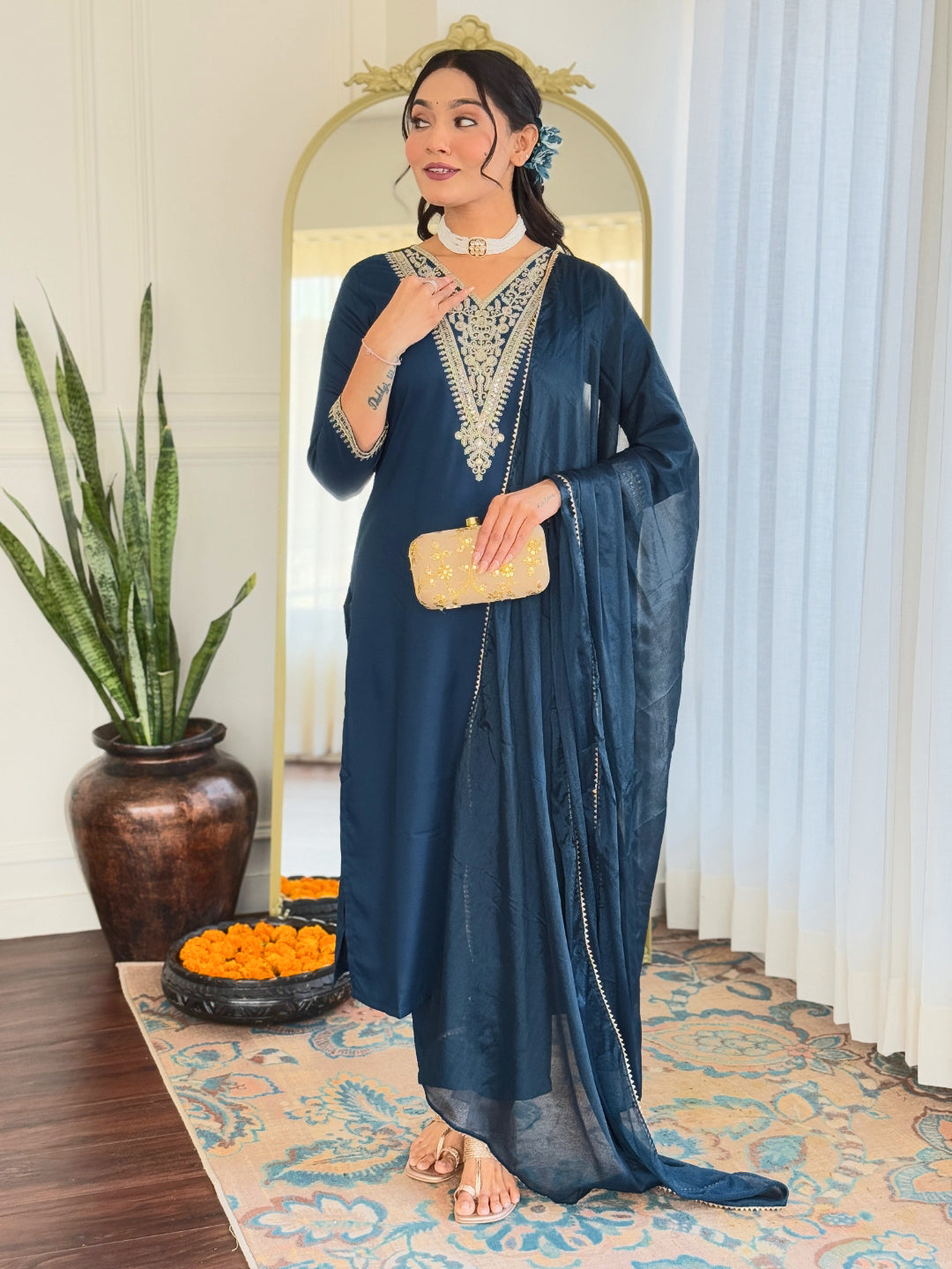 Lyush Women's V Neck Sequence Embroidered Work Rayon Fabric Kurta Pant Set Comes With Dupatta - Dark Blue
