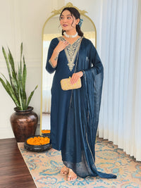 Thumbnail for Lyush Women's V Neck Sequence Embroidered Work Rayon Fabric Kurta Pant Set Comes With Dupatta - Dark Blue