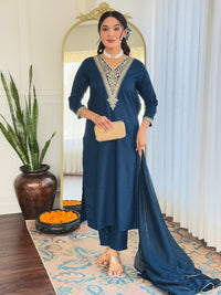 Thumbnail for Lyush Women's V Neck Sequence Embroidered Work Rayon Fabric Kurta Pant Set Comes With Dupatta - Dark Blue