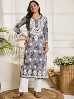 Thumbnail for HOUSE OF KARI Floral Embroidered Chikankari Cotton Straight Kurta - Distacart