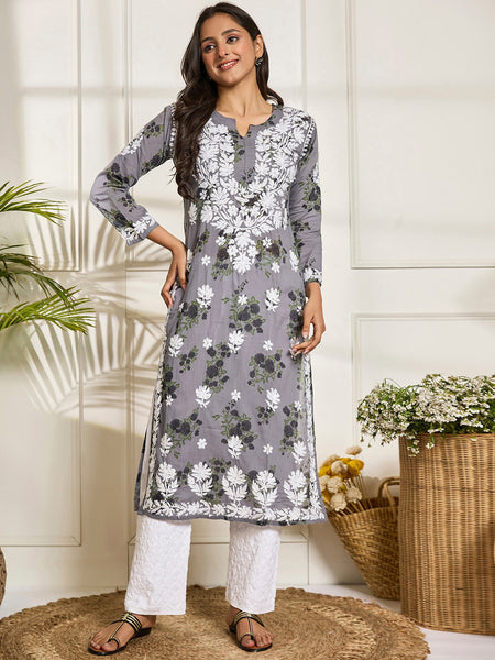 HOUSE OF KARI Floral Embroidered Chikankari Cotton Straight Kurta - Distacart