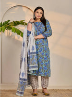 Thumbnail for Yufta Rama Green And Blue Floral Sequins Work Straight Plus Size Kurta Trouser Dupatta Set - Distacart