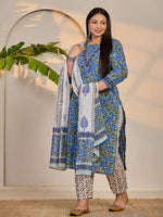 Thumbnail for Yufta Rama Green And Blue Floral Sequins Work Straight Plus Size Kurta Trouser Dupatta Set - Distacart