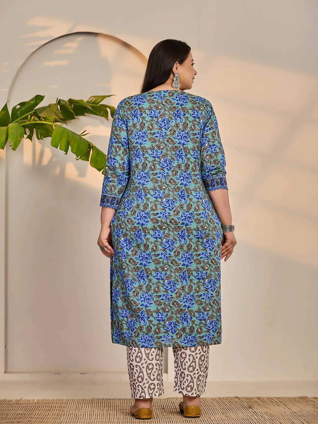 Yufta Rama Green And Blue Floral Sequins Work Straight Plus Size Kurta Trouser Dupatta Set - Distacart